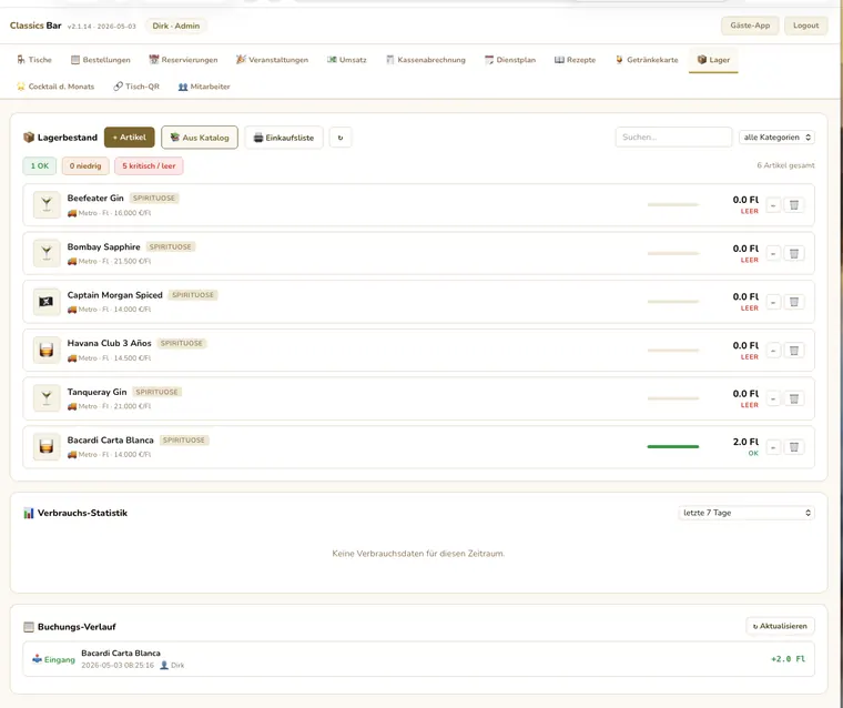 Lagerverwaltung mit Bestandsstatus & Verbrauch